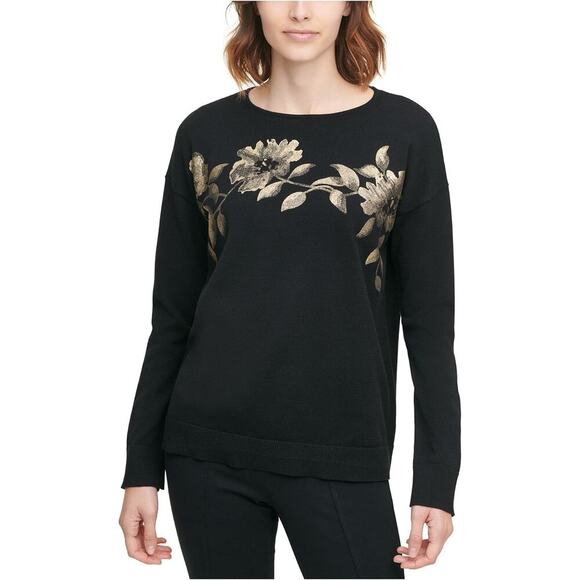 Calvin Klein Sweaters - Calvin Klein XL Black Gold Flowers Travel Lounge Pullover Sweater Christmas Cozy